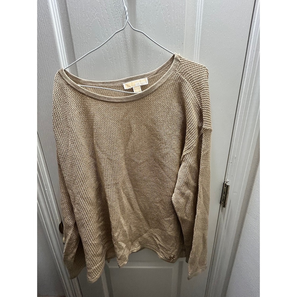 Michael Michael Kors XL Gold Metallic Open Knit Sweater Lightweight Shimmer Top - Picture 2 of 6